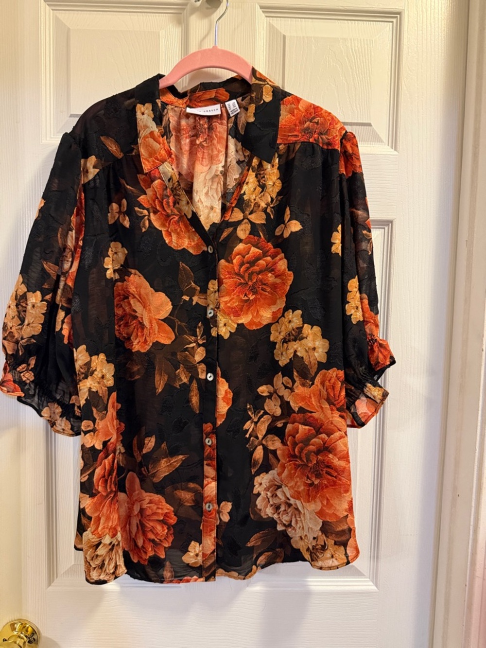 Susan Graver New 2X Black Button-Front Blouse with Orange Floral Pattern